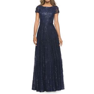 La Femme Womens Sequin Floral Sequin Lace A-Line Gown 10 Navy - NWT $550